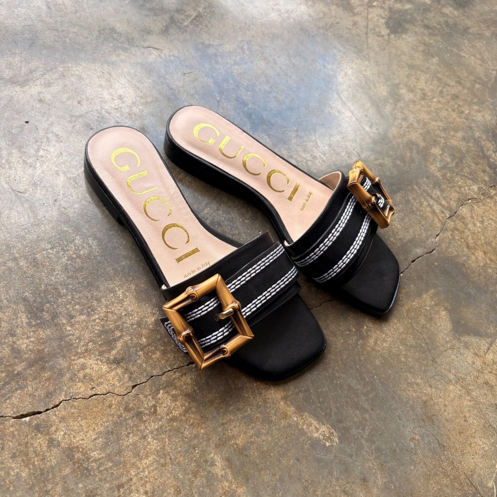 Gucci Bamboo Buckle Slide‎ Sandals Black Leather Contrast Stitch Square Toe 36